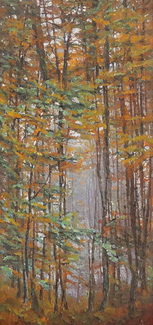 Autumn forest painting with tall trees and misty background