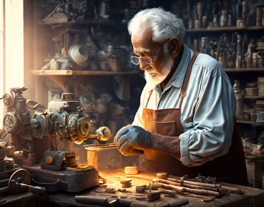 Elderly craftsman with white beard in cluttered workshop using lathe