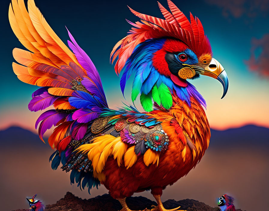 Colorful Rooster with Rainbow Plumage and Sunset Backdrop