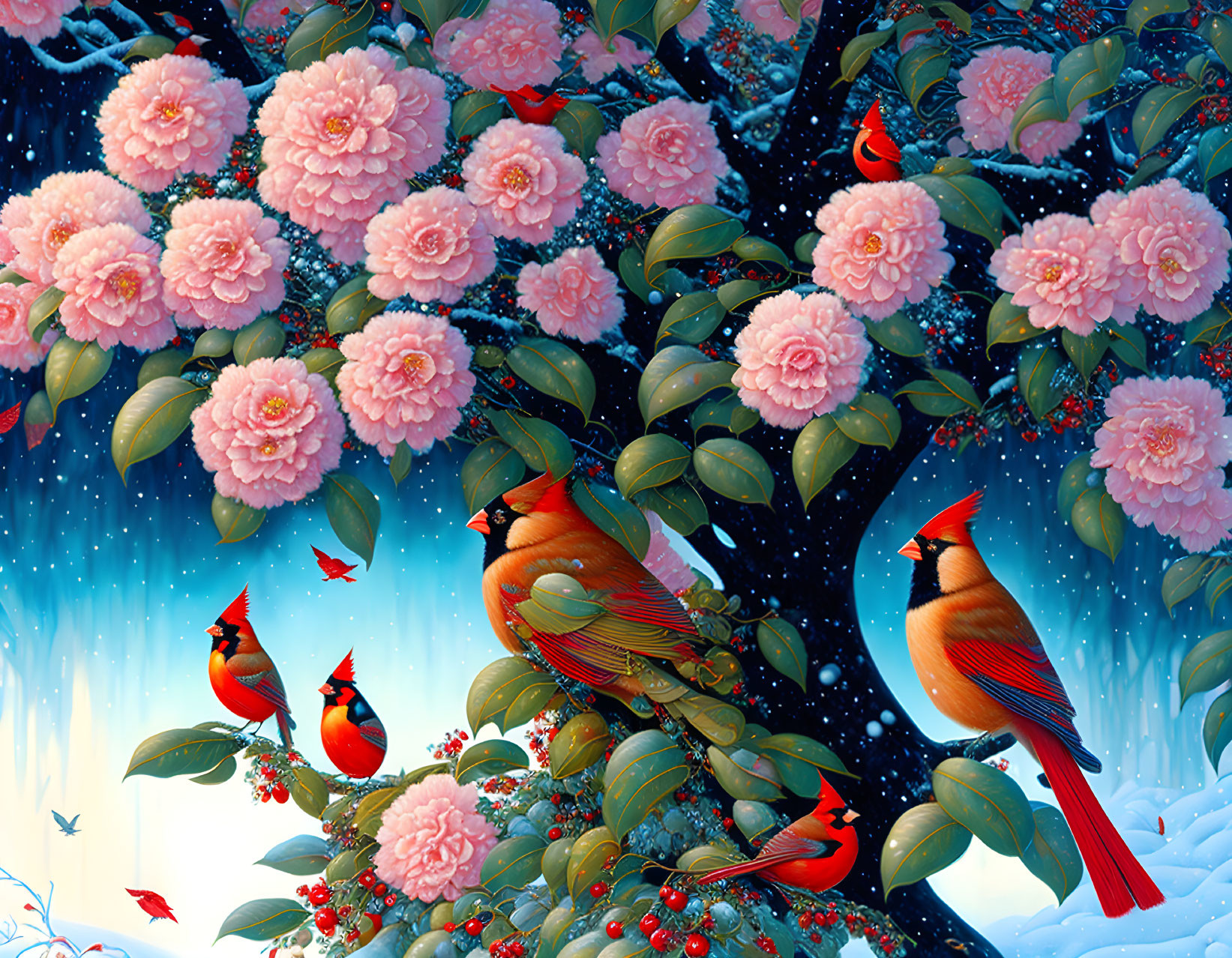 Vibrant red cardinals in pink blossoms under snowy blue sky