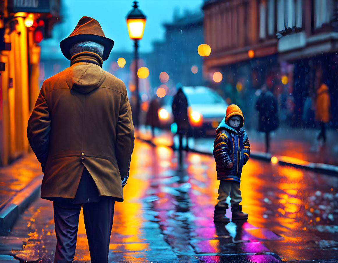 Person in trench coat and hat gazes at child in colorful jacket on rainy city street at dusk.