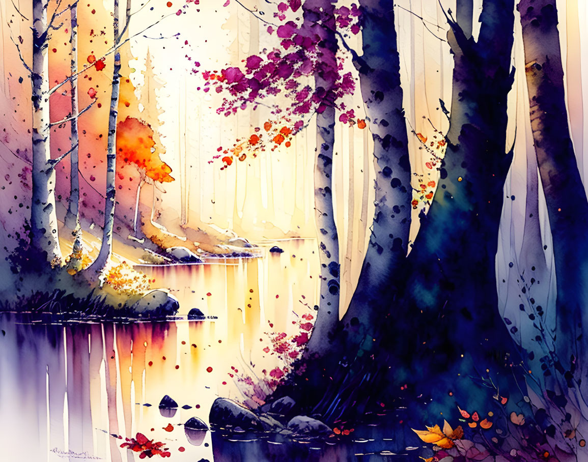 Colorful watercolor painting of whimsical forest scene