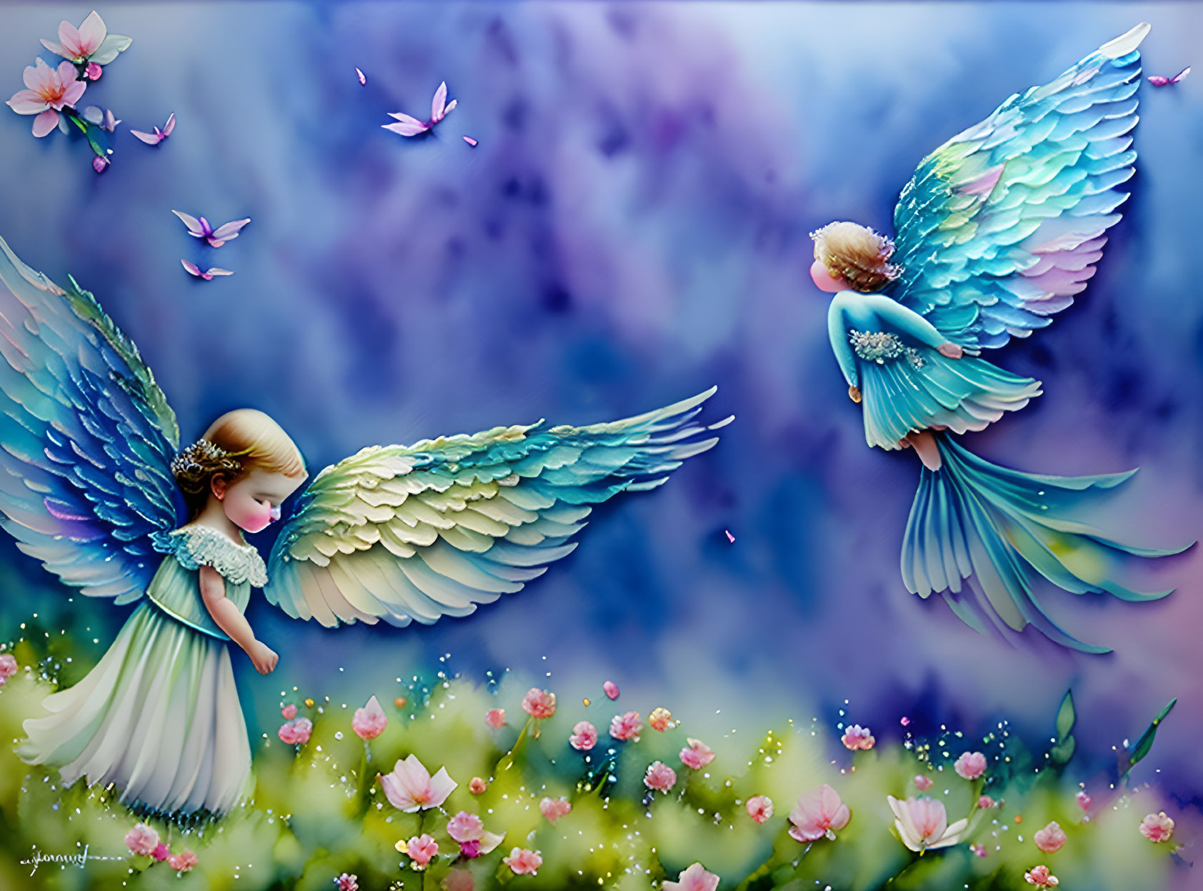 Young angel with blue wings in fantasy floral landscape with butterflies