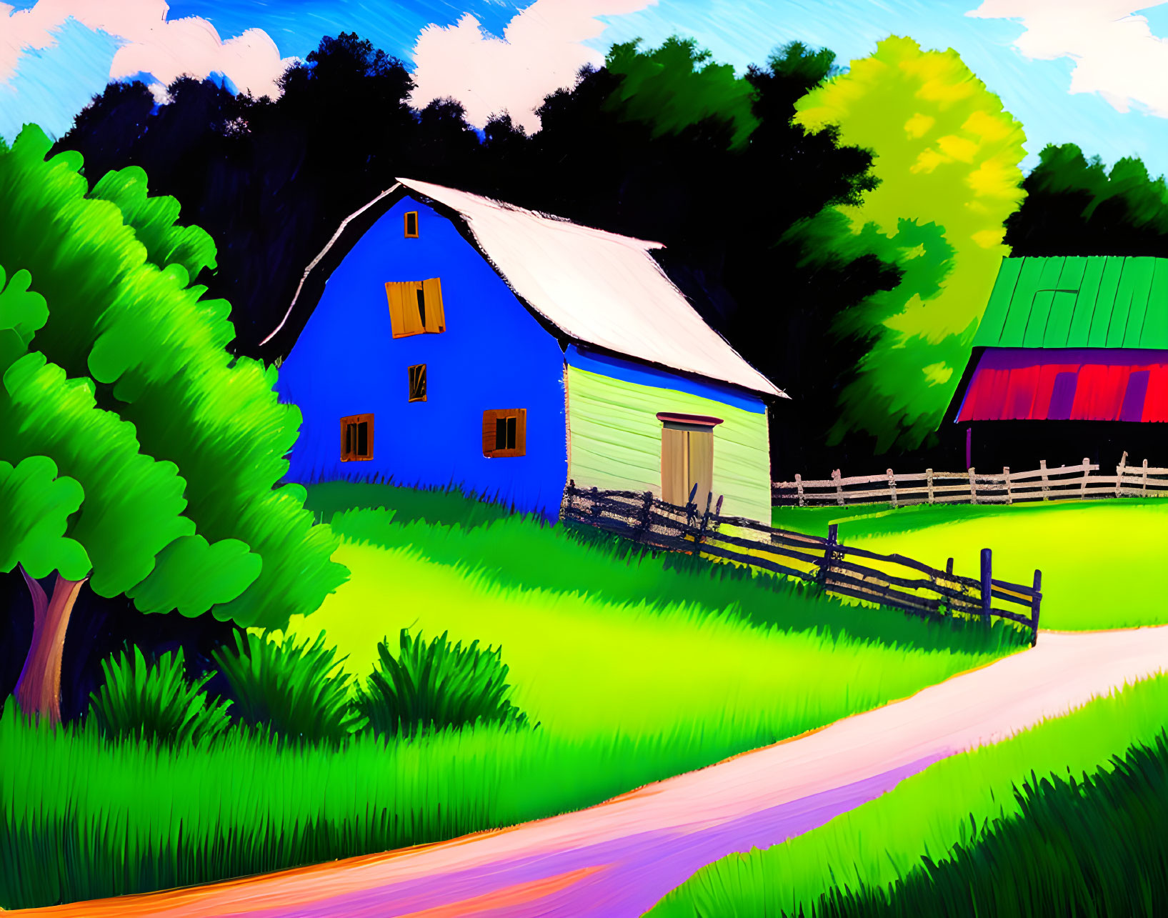 Colorful countryside scene with blue barn, green trees, winding path, and red-roofed building