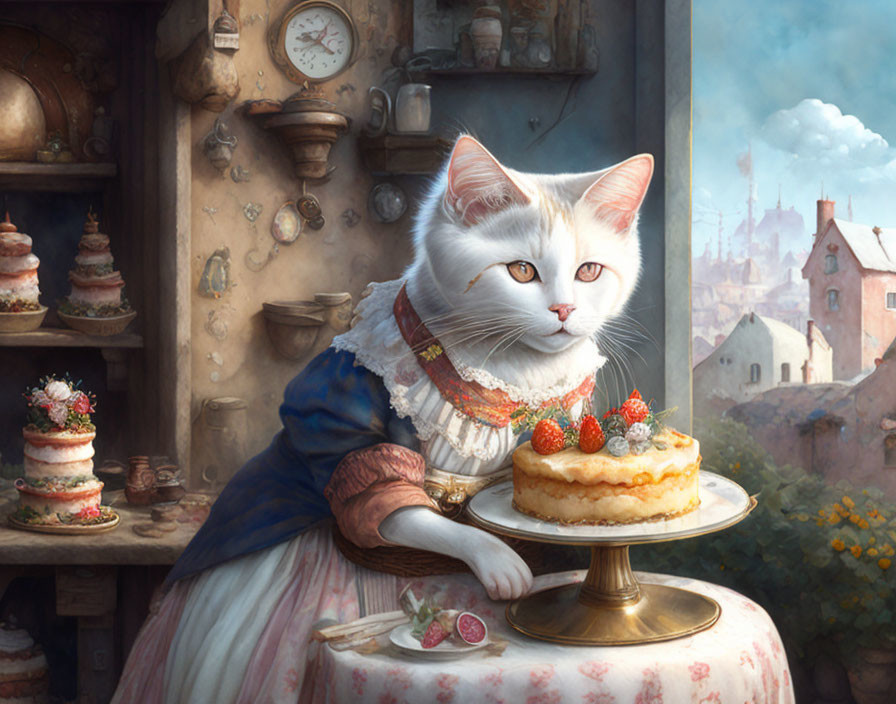 White anthropomorphic cat in 17th-century dress with cake at antique table.