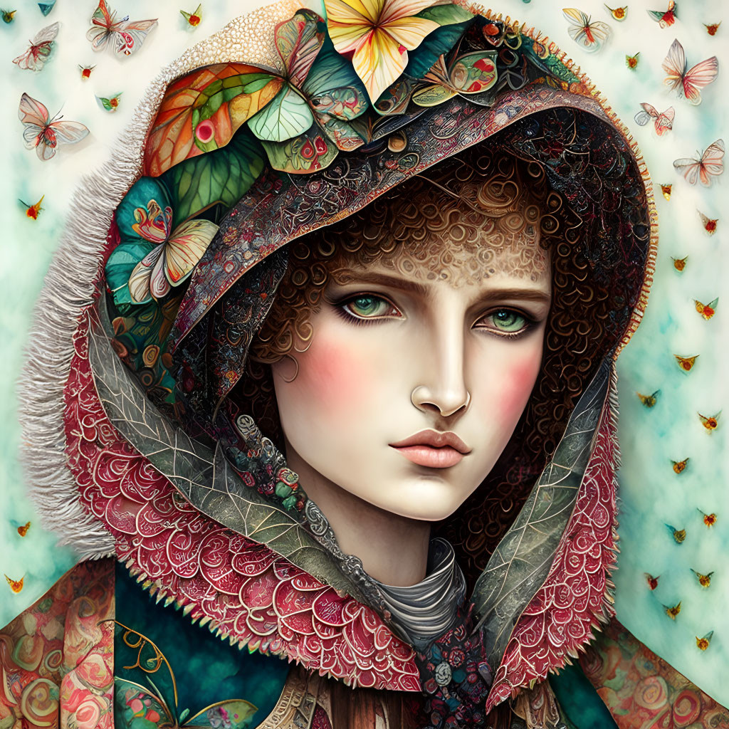 Digital portrait of woman in ornate clothing with hood, surrounded by butterflies and intricate patterns in soft,