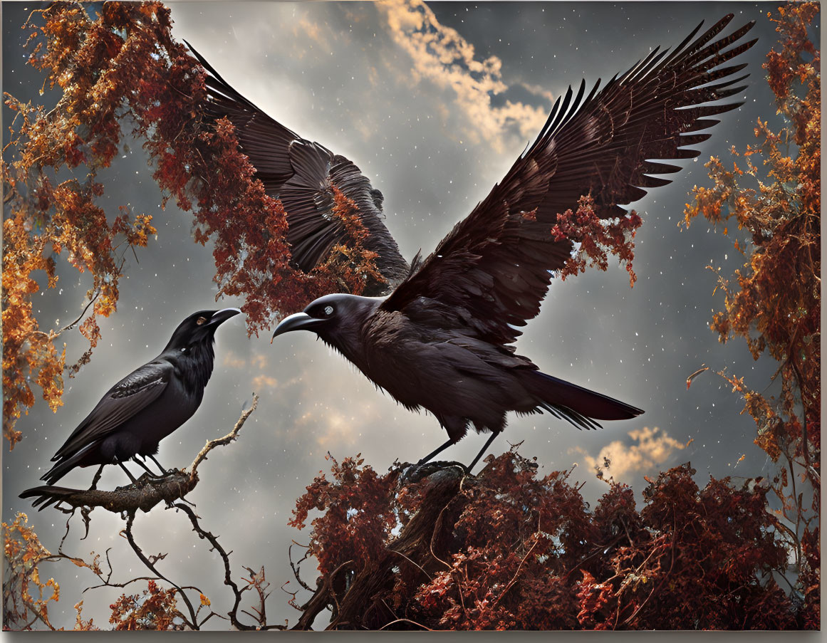 Ravens in flight and perched on branch amid autumn trees