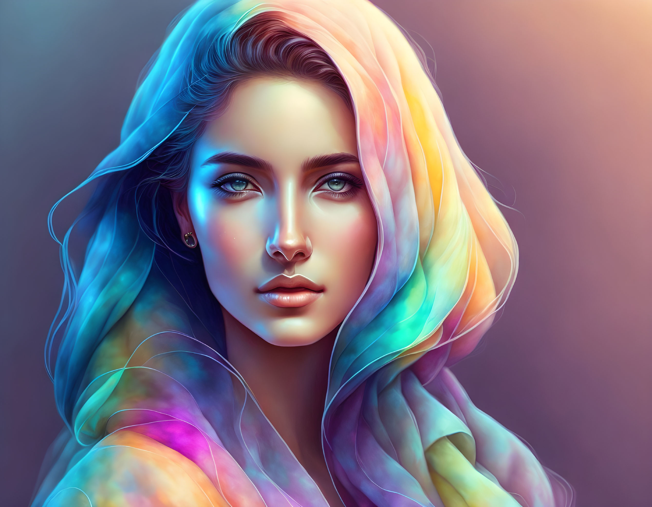 Colorful Digital Artwork: Woman with Multi-Colored Hair and Blue Eyes on Gradient Background