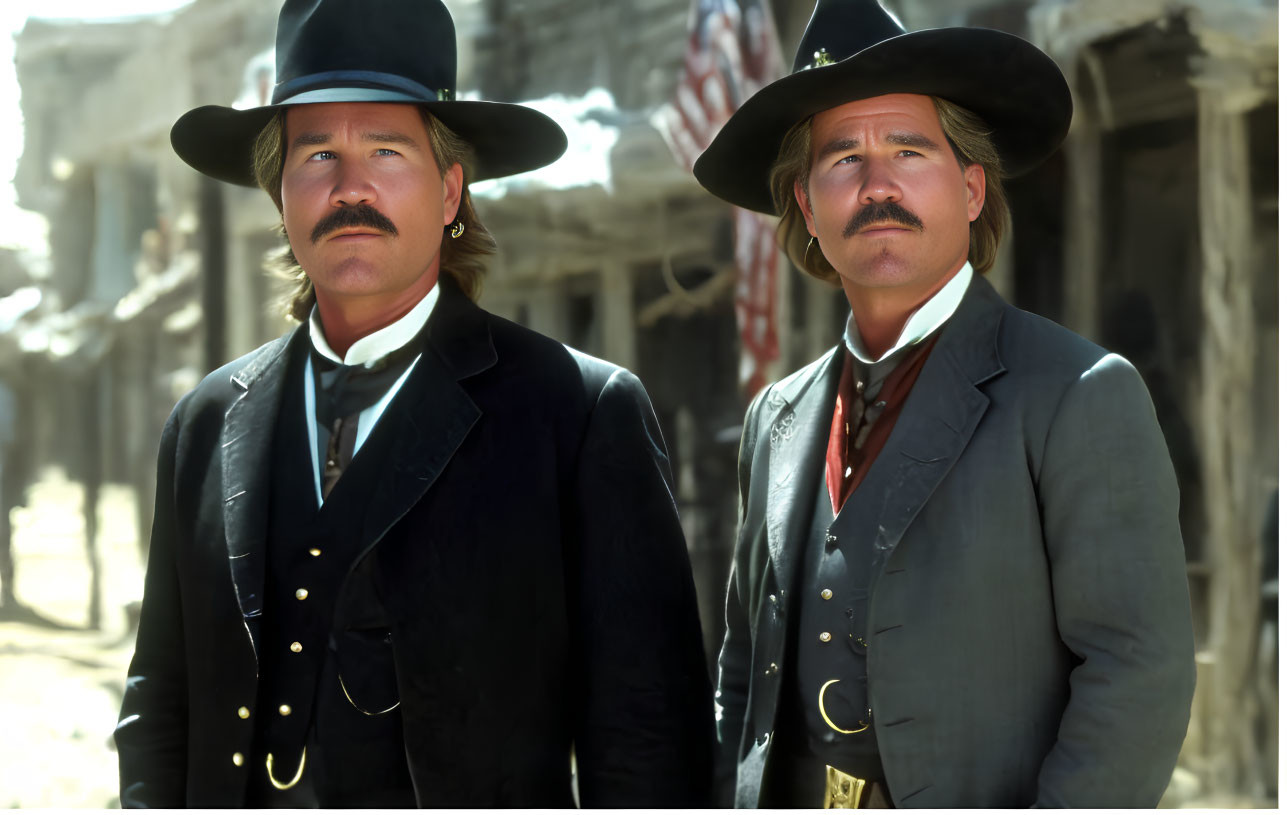 Two Men in Western Attire with Mustaches and Black Hats in Old Town Setting