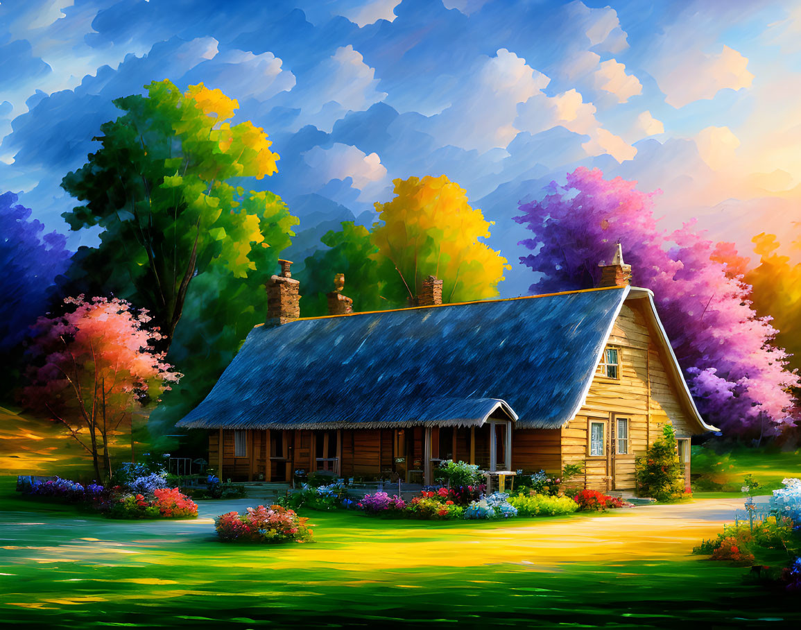 Vibrant painting of cozy cottage in colorful foliage