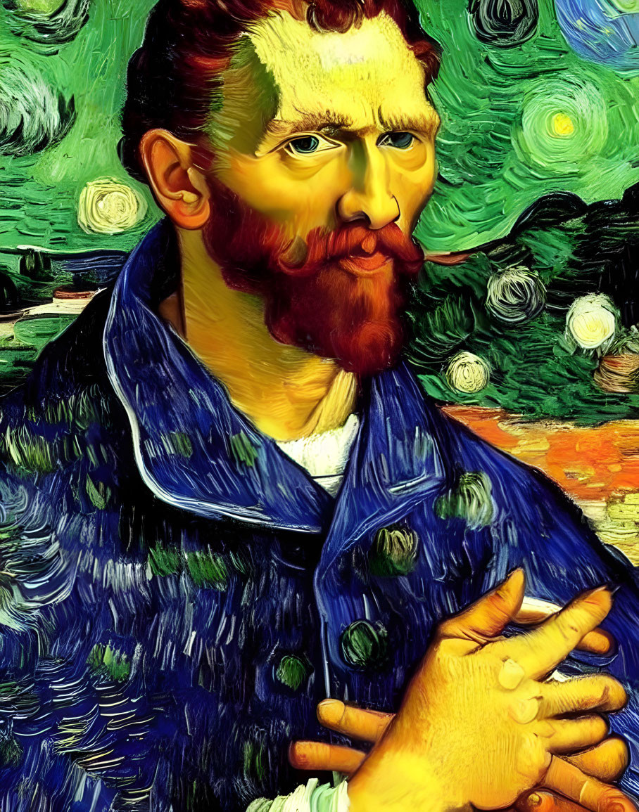 Colorful portrait of a bearded man in a blue coat against a starry night-sky background