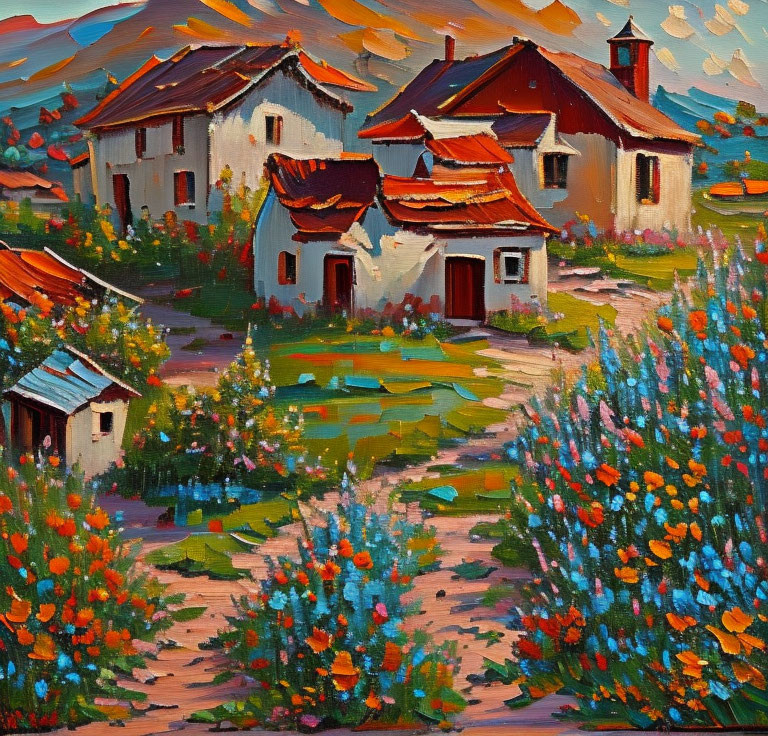 Rustic village oil painting with colorful flora and red-roofed houses