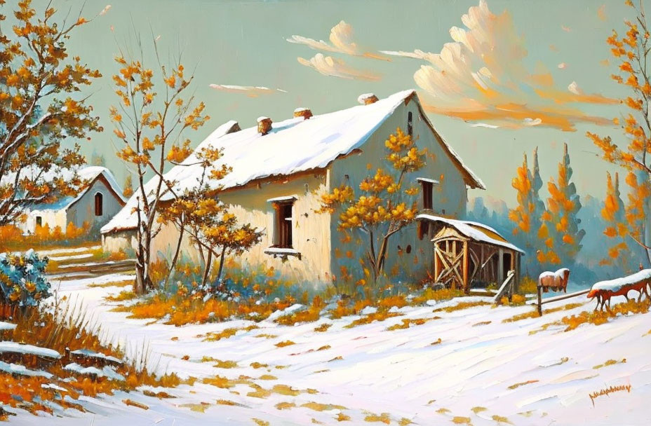 Snow-covered farmhouse, autumn trees, wagon, horse in warm light