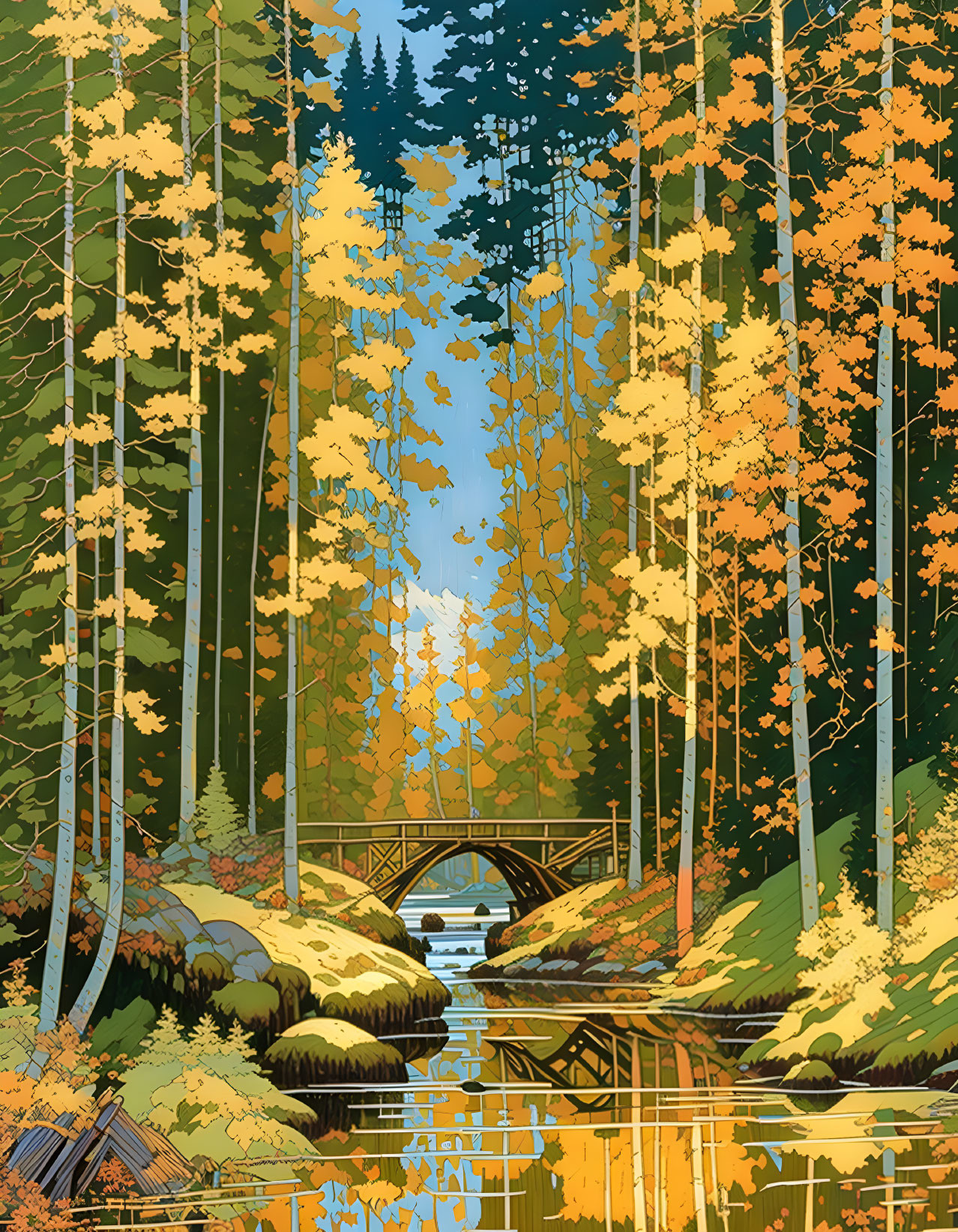 Tranquil autumn forest with tall trees, river, and arched bridge