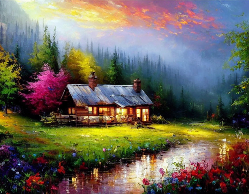 Twilight painting of cozy cottage, gardens, pond, and misty mountains