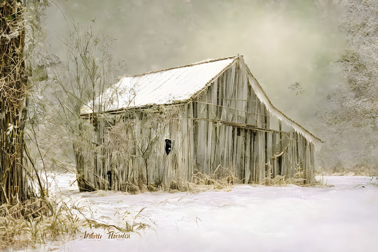 Snow-covered wooden barn in wintry landscape with misty backdrop