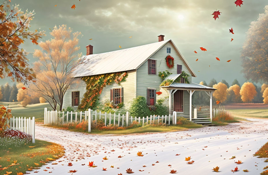 White house with red shutters in autumn landscape