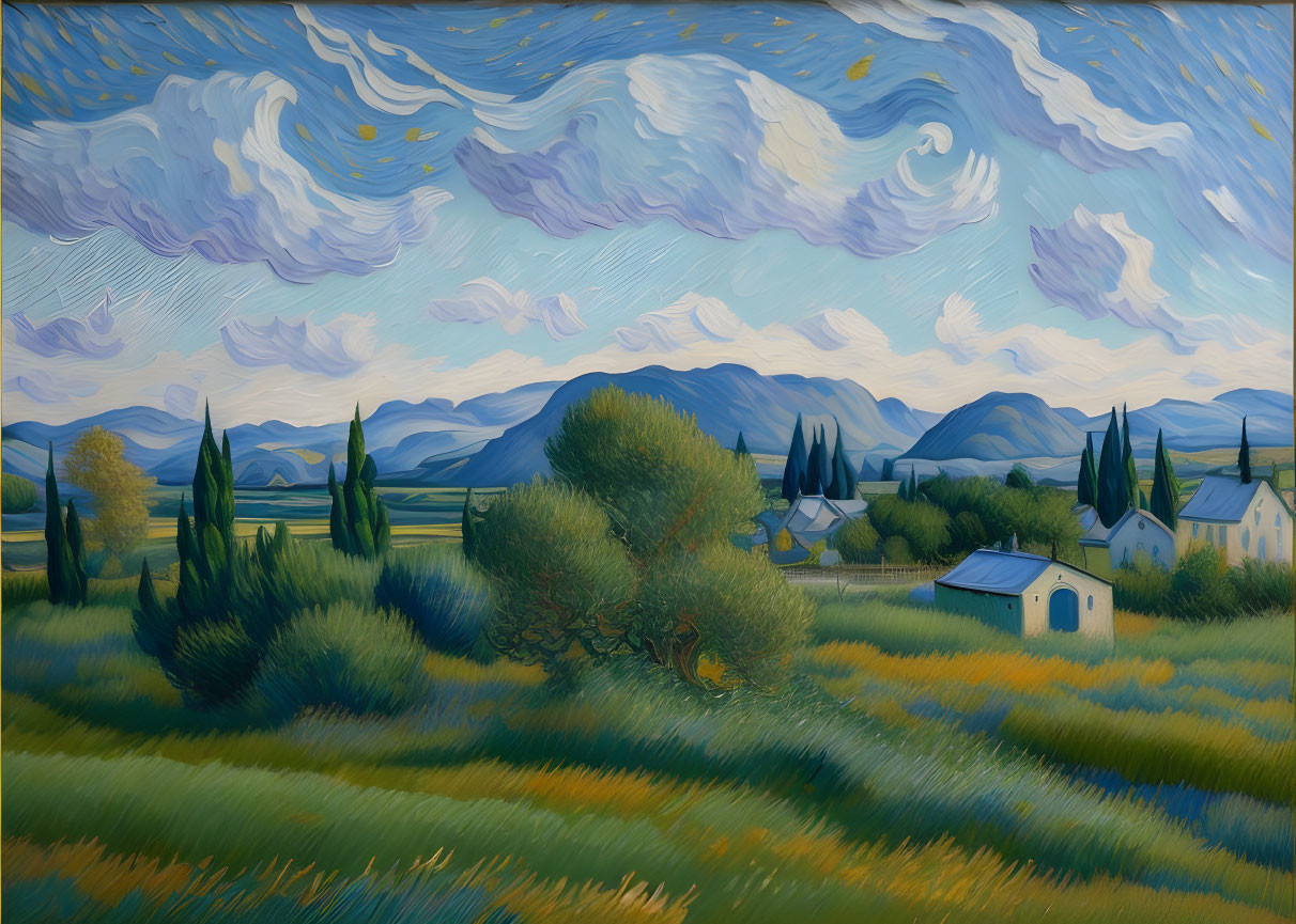 Colorful landscape painting with swirling skies, green fields, trees, and distant hills.