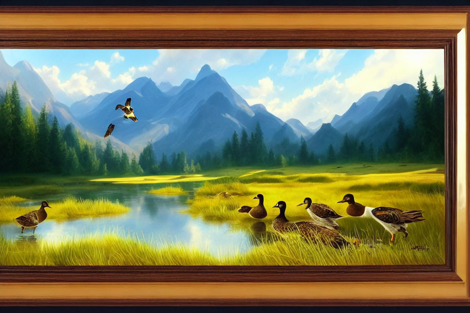 Tranquil Mountain Landscape with Ducks, Eagle, and Pond in Wood Frame