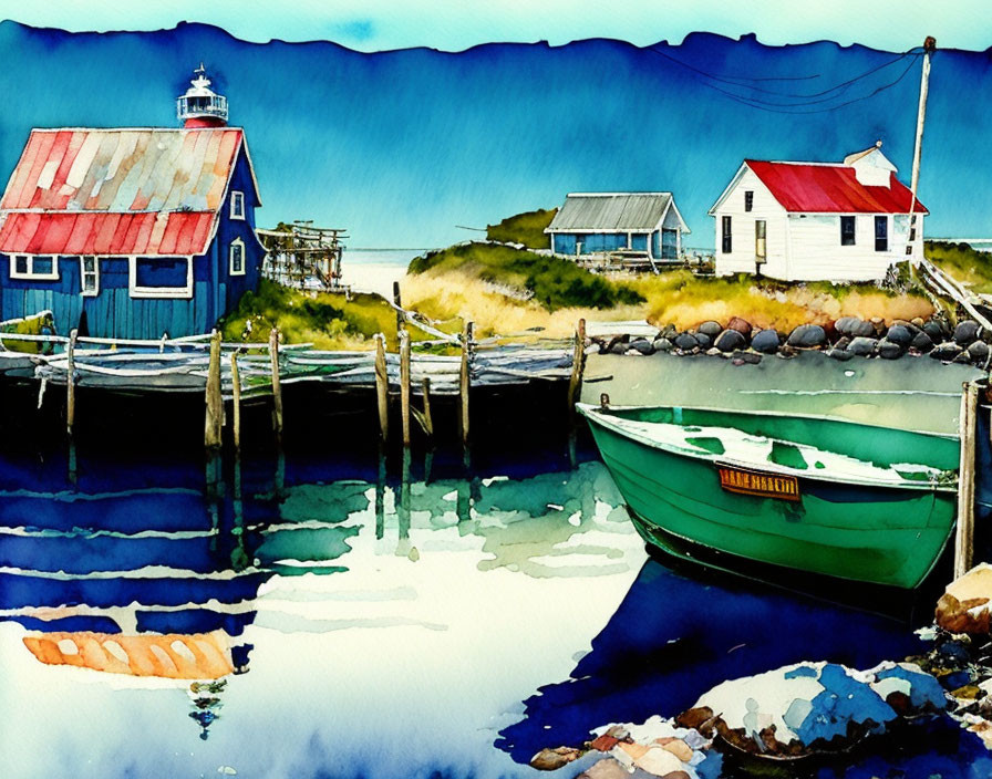 Serene seaside watercolor with green boat and quaint buildings