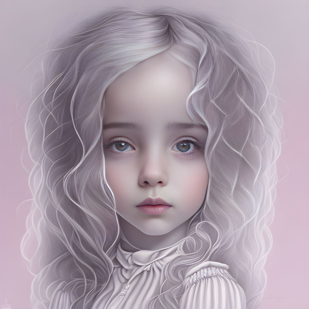 Digital artwork: Young girl with blue eyes and white hair on pink background wearing ruffled blouse