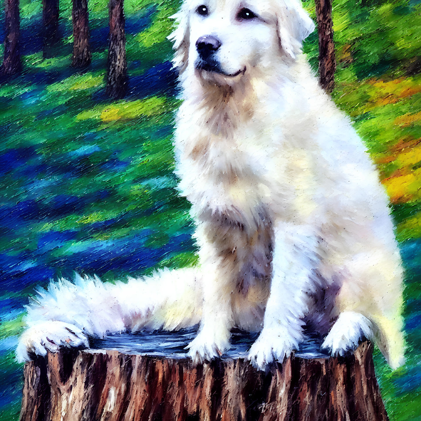 Fluffy white dog on tree stump in vibrant forest