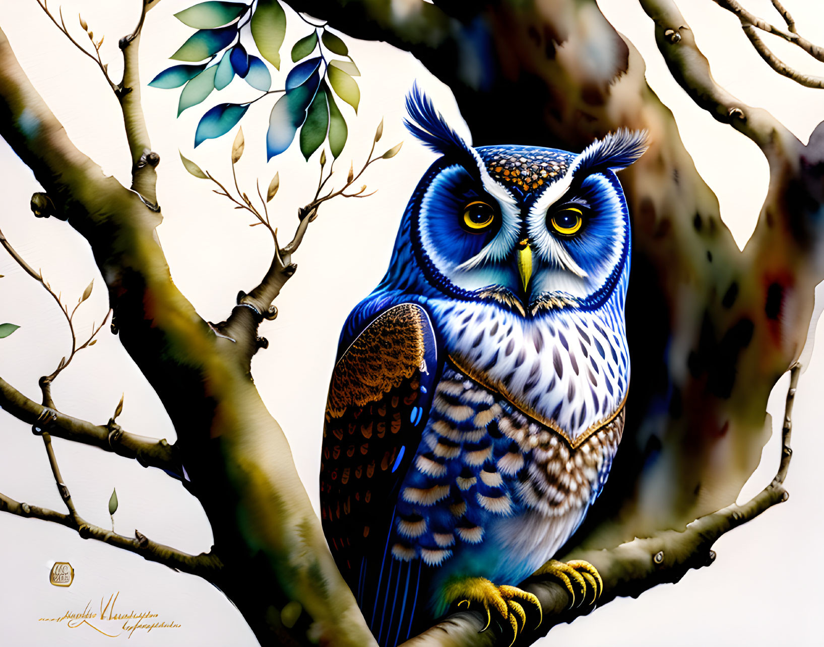 Colorful Stylized Blue Owl Perched on Branch Illustration