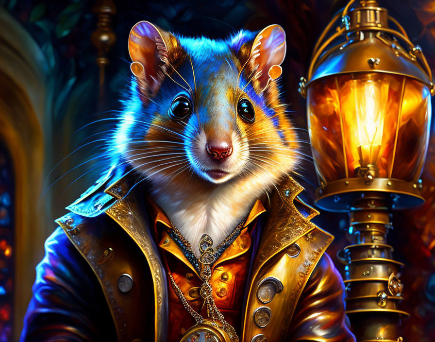 Regal anthropomorphic mouse with lantern in golden jacket.