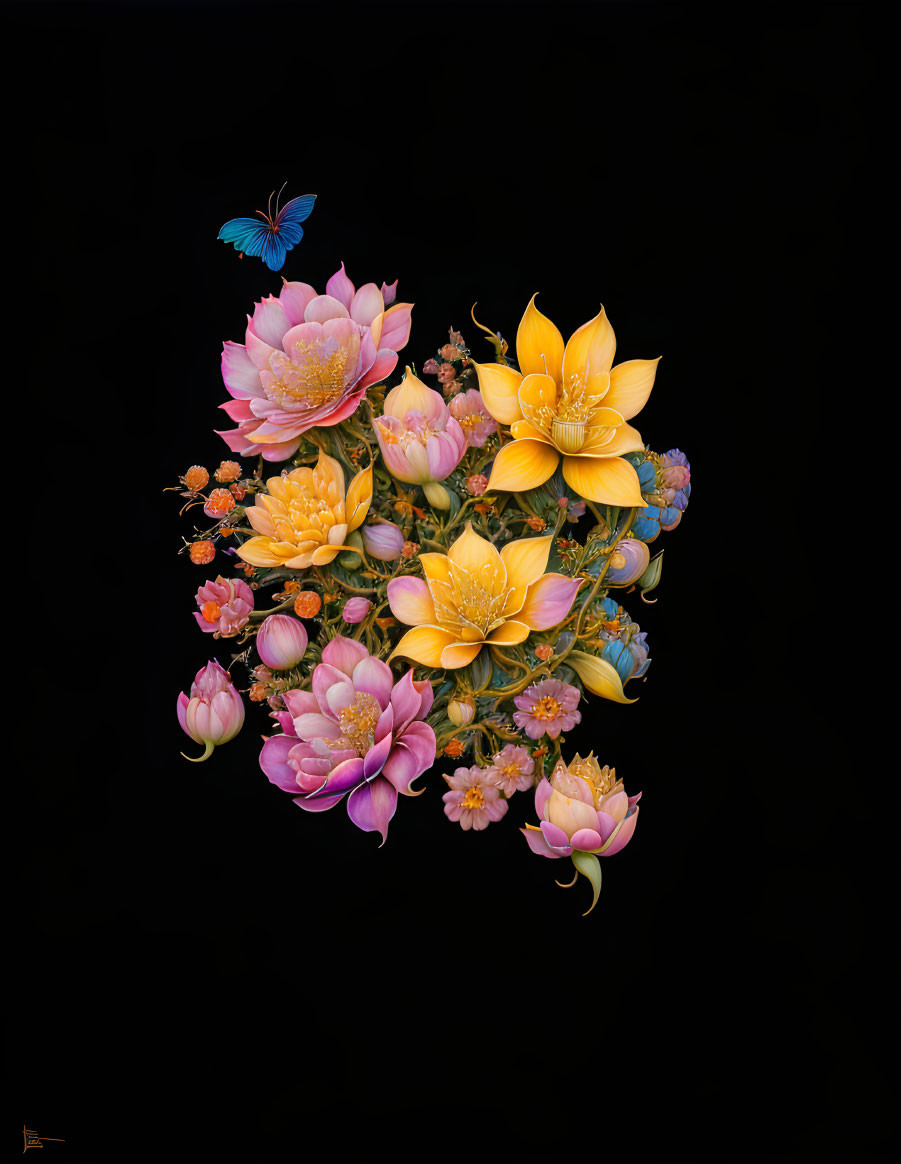 Colorful Pink and Yellow Flower Illustrations with Blue Butterfly on Black Background