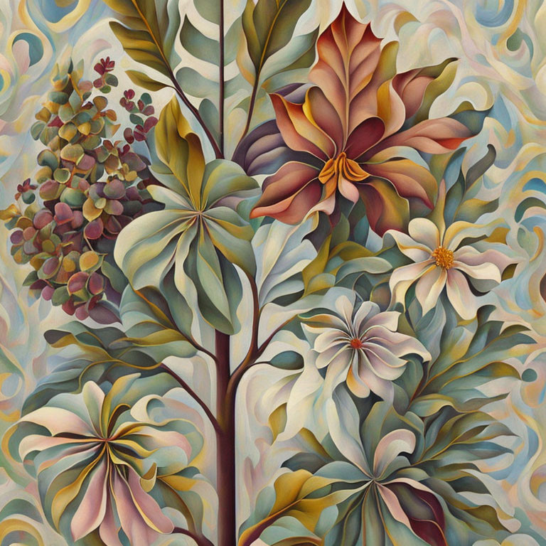 Stylized painting of lush flowers and leaves in earthy tones