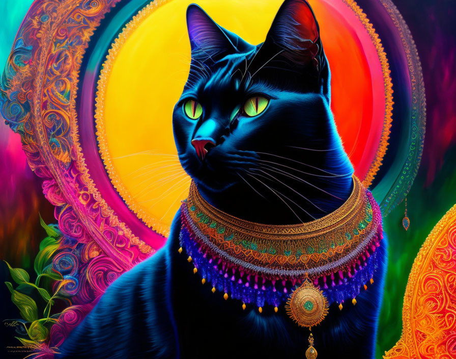 Colorful artwork featuring black cat with green eyes and jewelry on vibrant backdrop