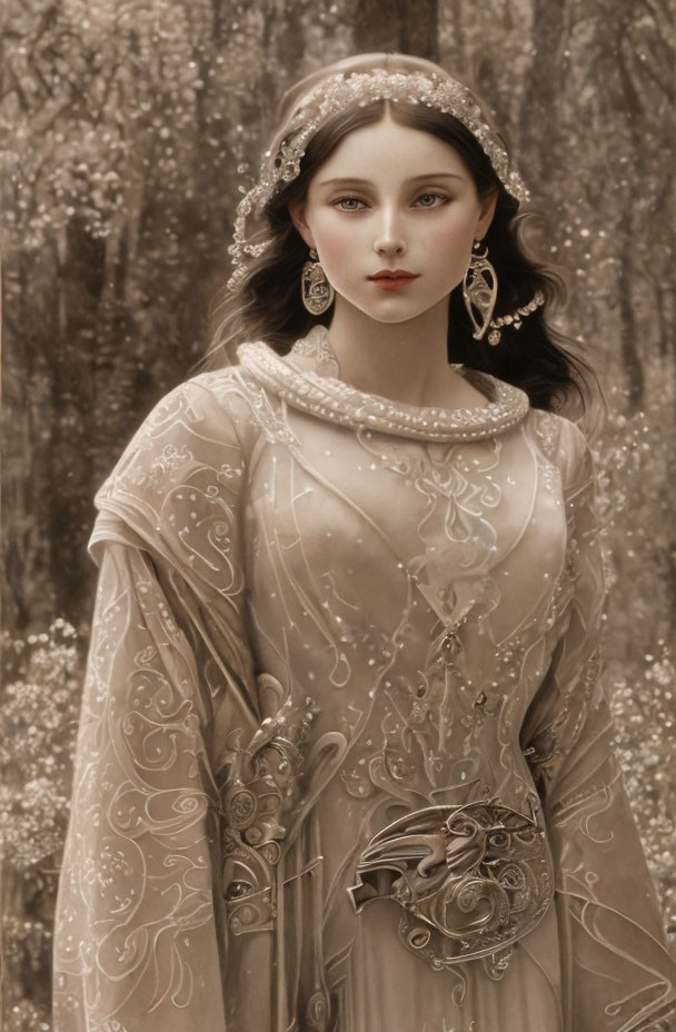 Ethereal woman in ornate medieval attire in blossoming forest