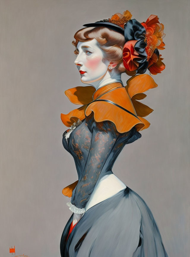 Stylized portrait of woman with elaborate updo and floral adornments