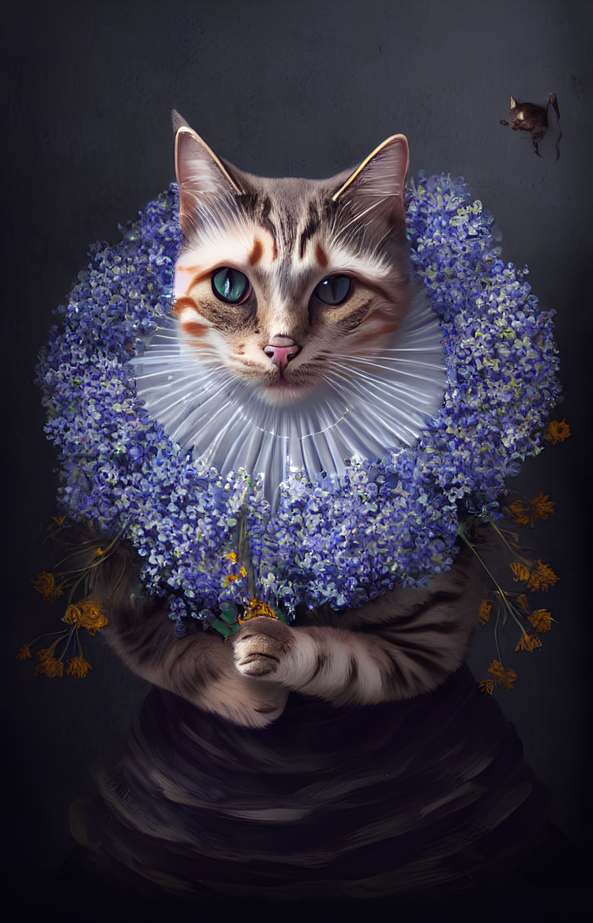 Regal cat digital illustration with blue eyes and floral ruff