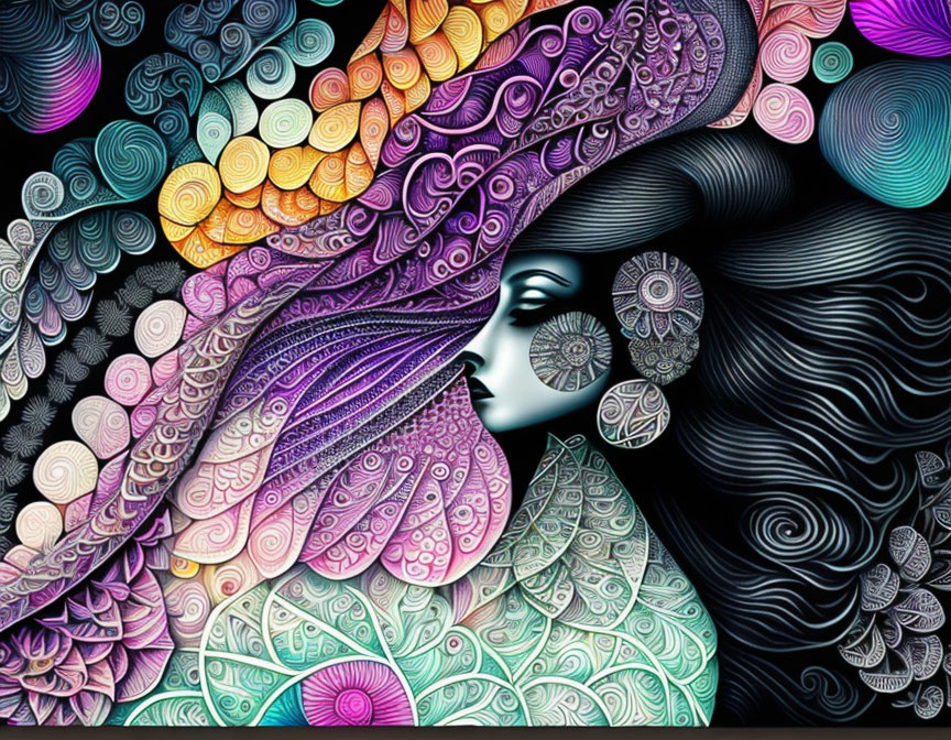 Colorful Abstract Art: Woman with Swirling Hair and Headdress