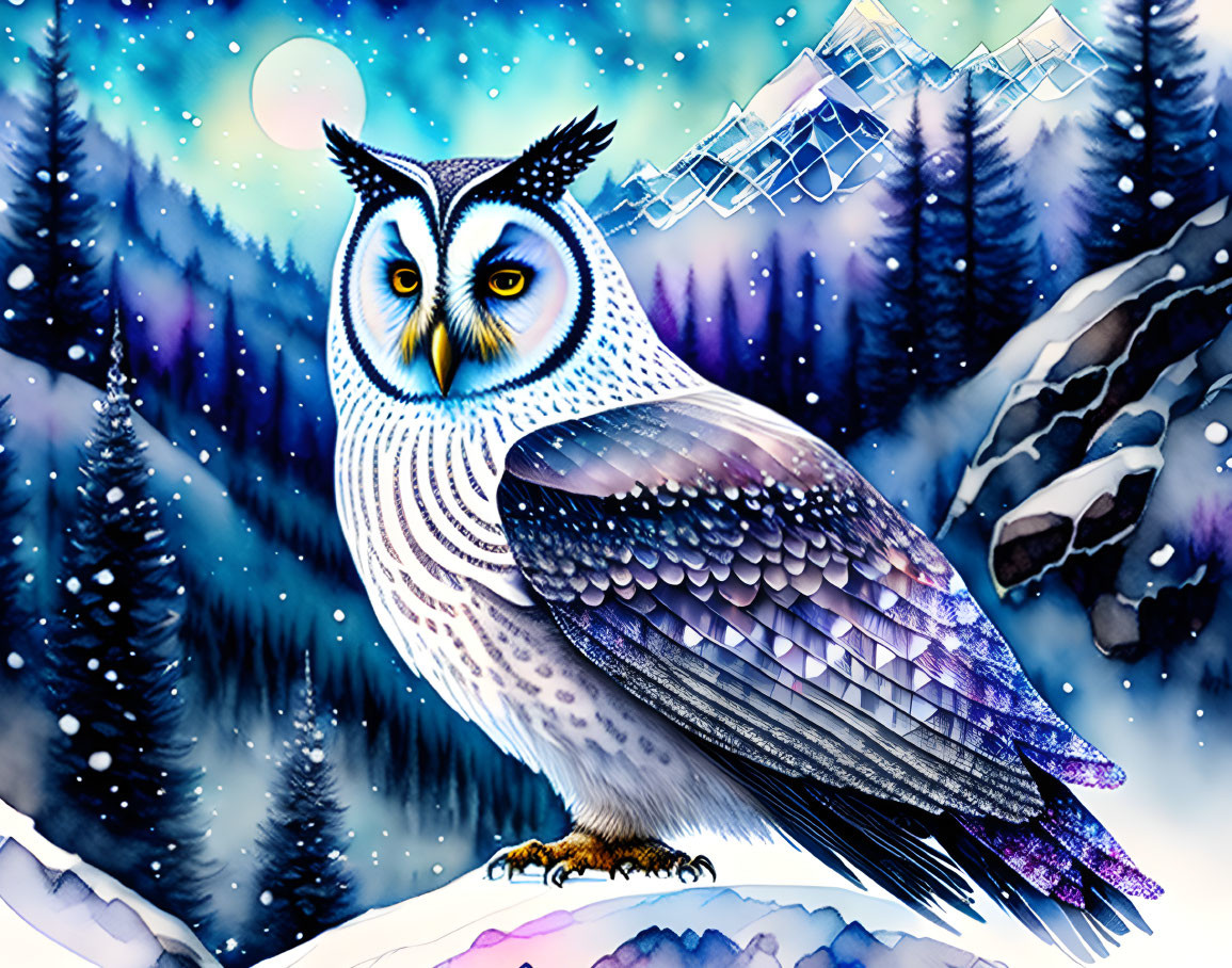 Snowy forest illustration with stylized owl and aurora in night sky