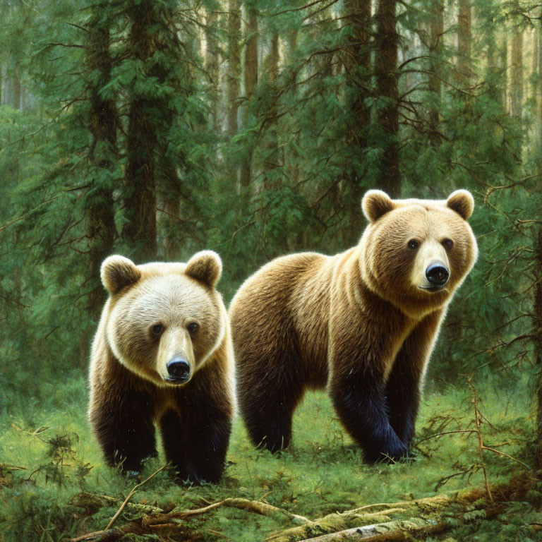 Brown bears in forest with green trees and fallen log