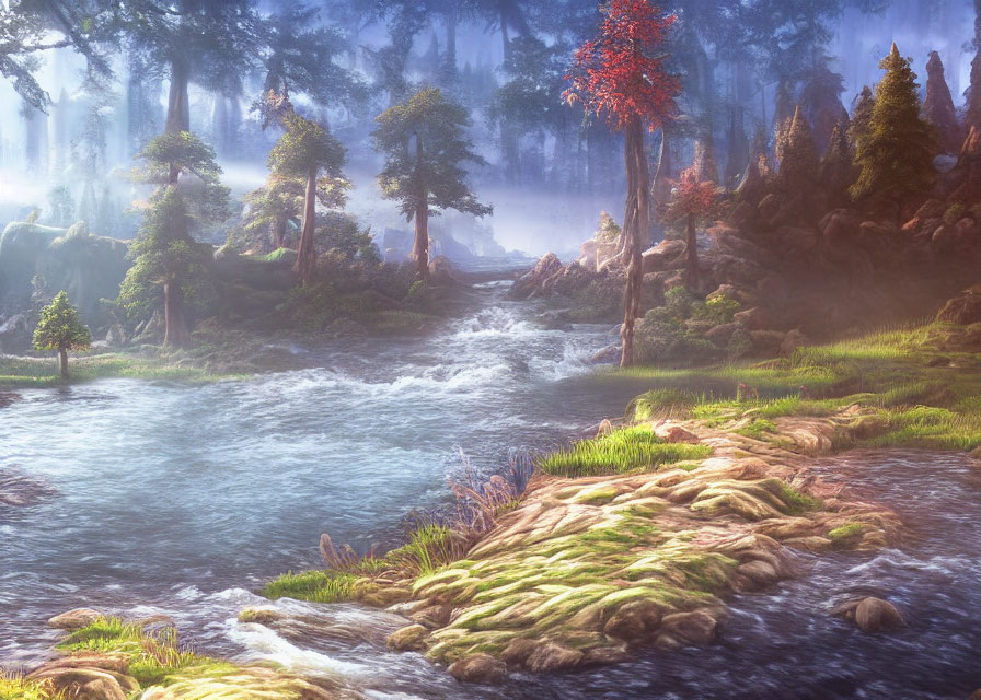 Tranquil forest with misty river and red foliage under soft light