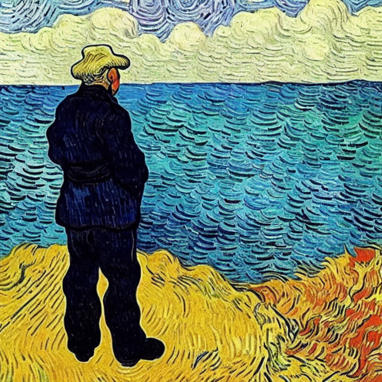 Colorful painting of figure on shore with swirling patterns in sky and water