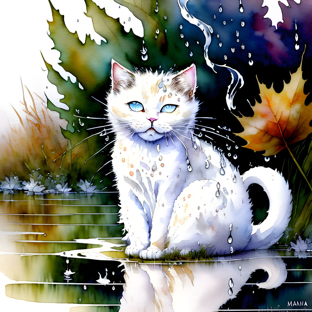 Colorful Watercolor Illustration of White Cat with Blue Eyes in Leafy Greenery