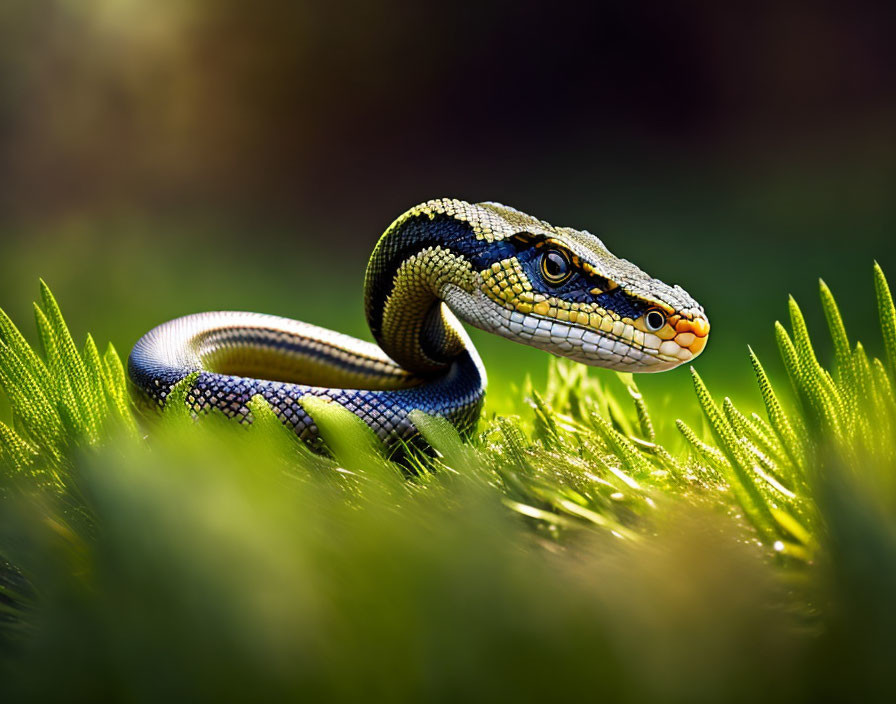 Colorful snake with intricate patterns in lush green grass