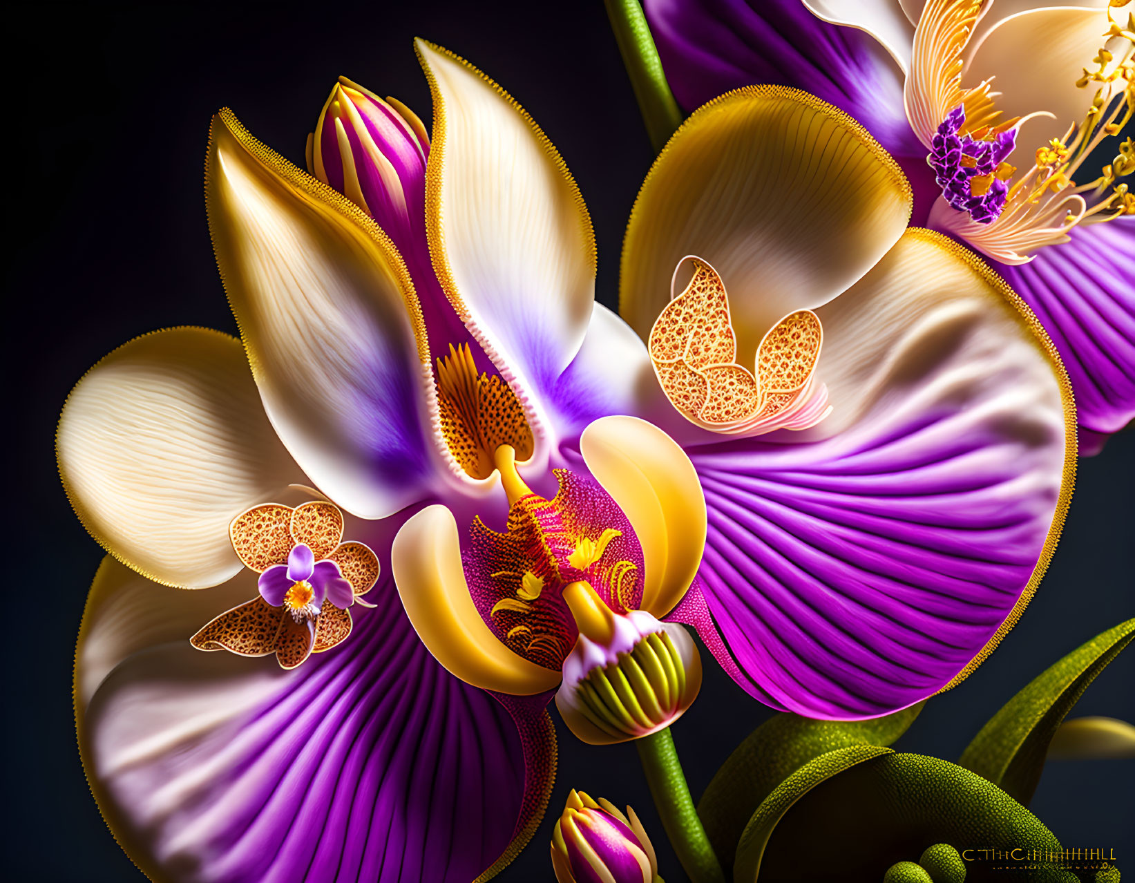 Colorful digital artwork of stylized orchid flowers in purple, yellow, and white hues