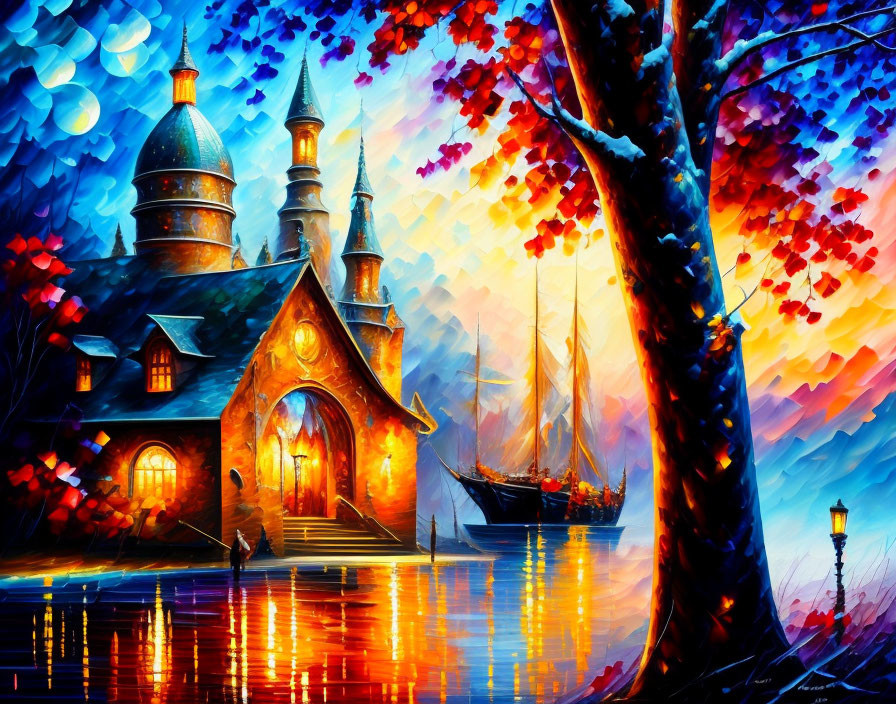 Colorful painting: Enchanting cottage, tree, sailing ship, reflected on water.