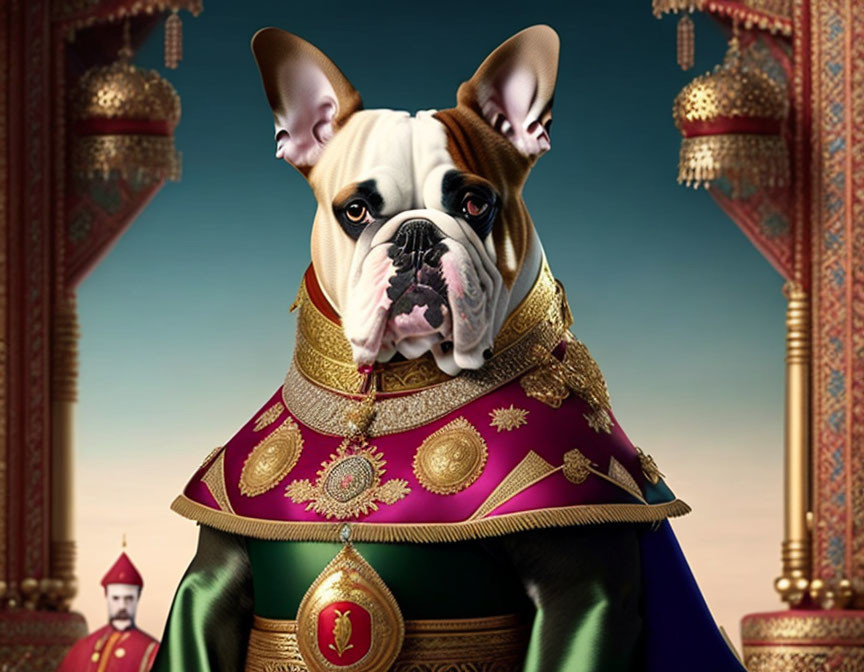 Regal Bulldog in European Royalty Costume with Royal Guard Backdrop