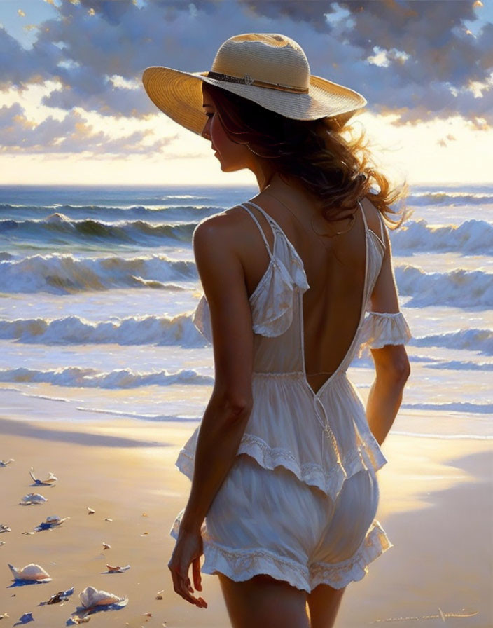 Woman in white sundress and straw hat on beach at sunset with seagulls.