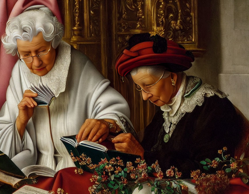 Elderly women with glasses reading books in vintage setting