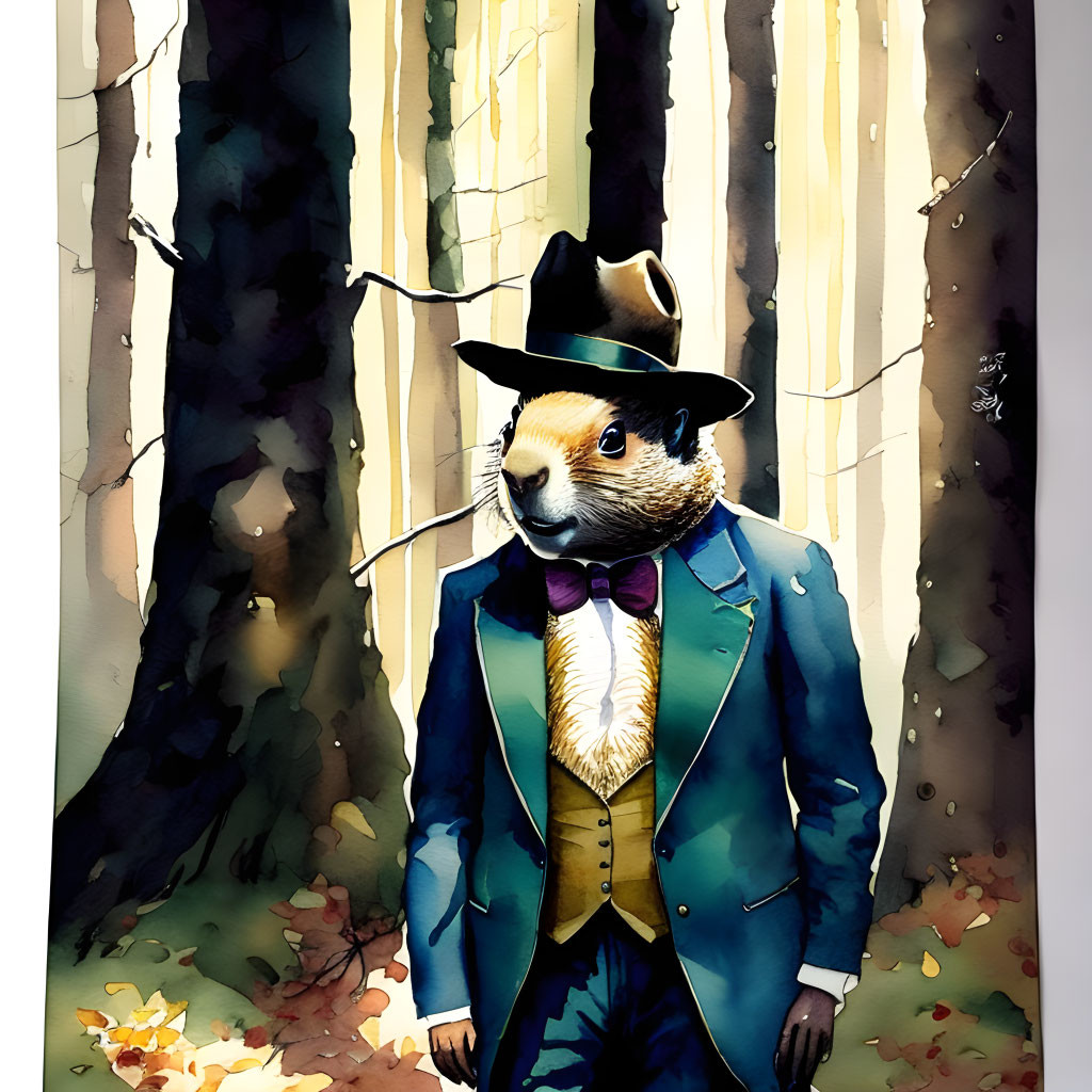 Anthropomorphic beaver in blue suit and hat in sunlit woodland with autumn leaves