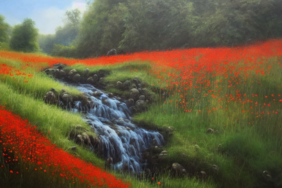 Tranquil landscape with red poppies, flowing stream, and lush greenery