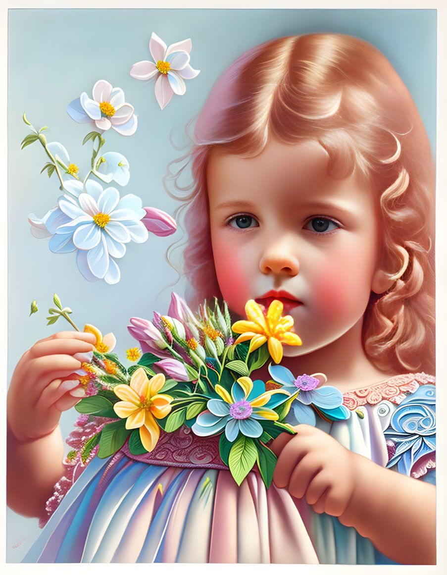 Stylized painting of young child with curly hair holding colorful bouquet