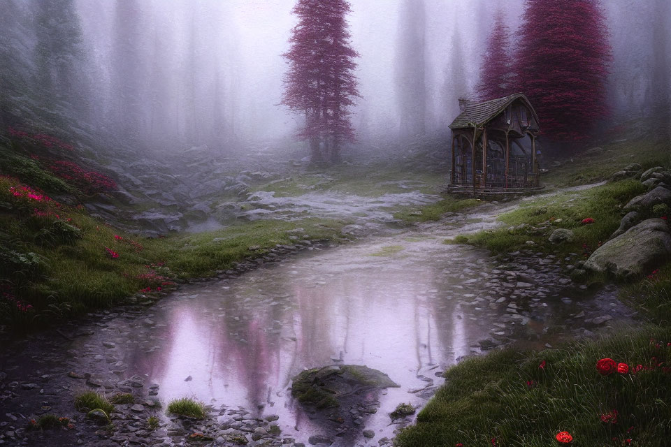 Mystical forest scene with misty atmosphere, gazebo, pond, red flowers, and dense